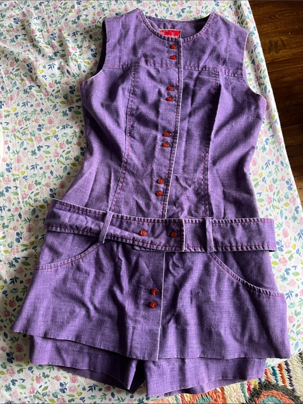 Vintage 1970s/80s Purple Sleeveless Belted Romper